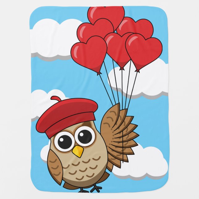 Cute Owl Flying with Heart Balloons Baby Blanket (Front)