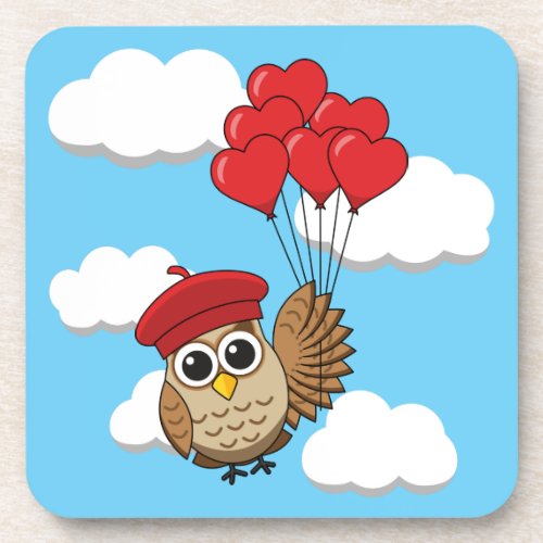 Cute Owl Flying with Heart Balloons Beverage Coaster