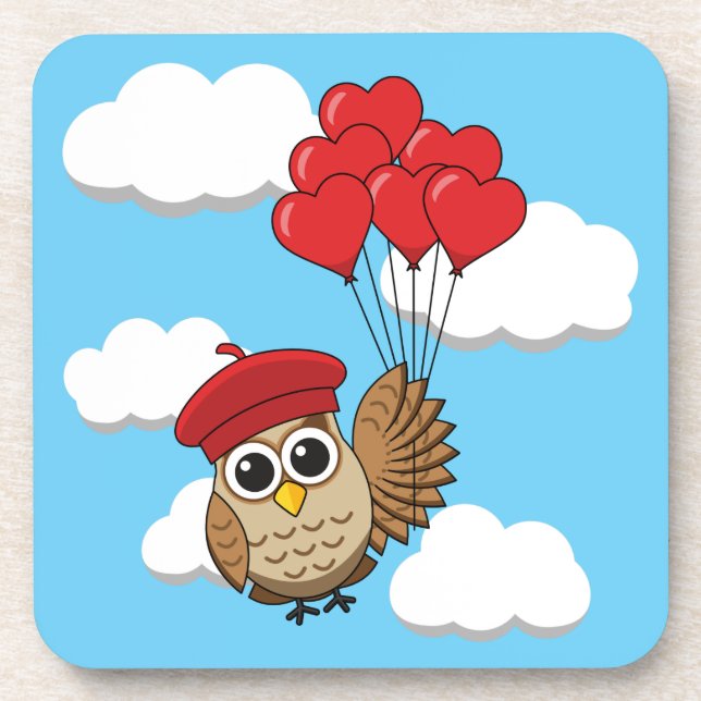 Cute Owl Flying with Heart Balloons Beverage Coaster (Front)