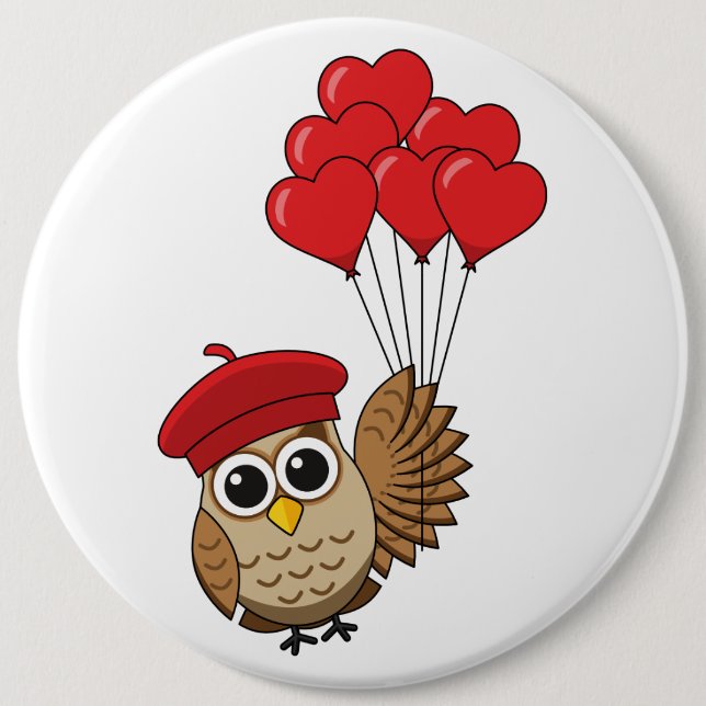 Cute Owl Flying with Heart Balloons Button (Front)