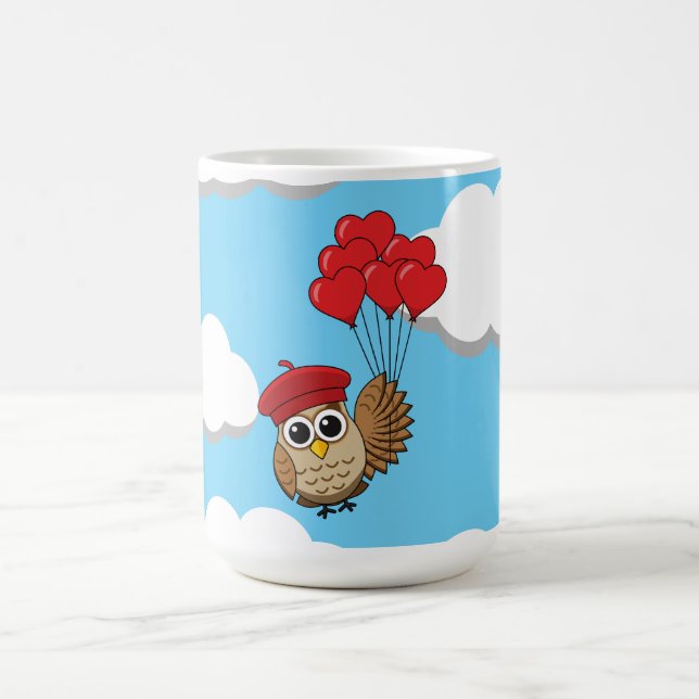 Cute Owl Flying with Heart Balloons Coffee Mug (Center)