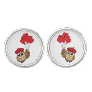 Cute Owl Flying with Heart Balloons Cufflinks