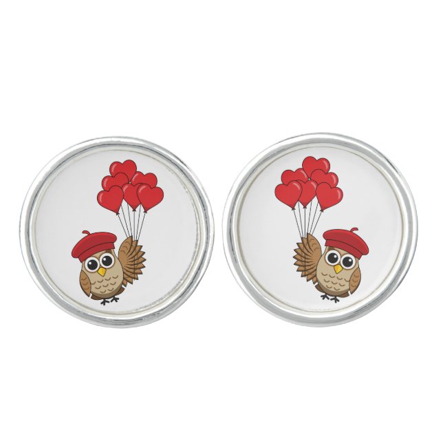Cute Owl Flying with Heart Balloons Cufflinks (Front)