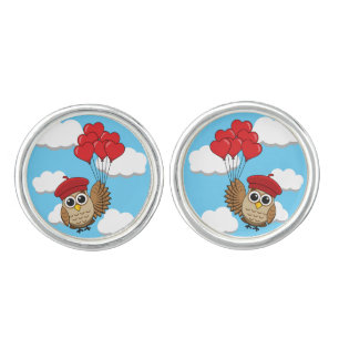 Cute Owl Flying with Heart Balloons Cufflinks