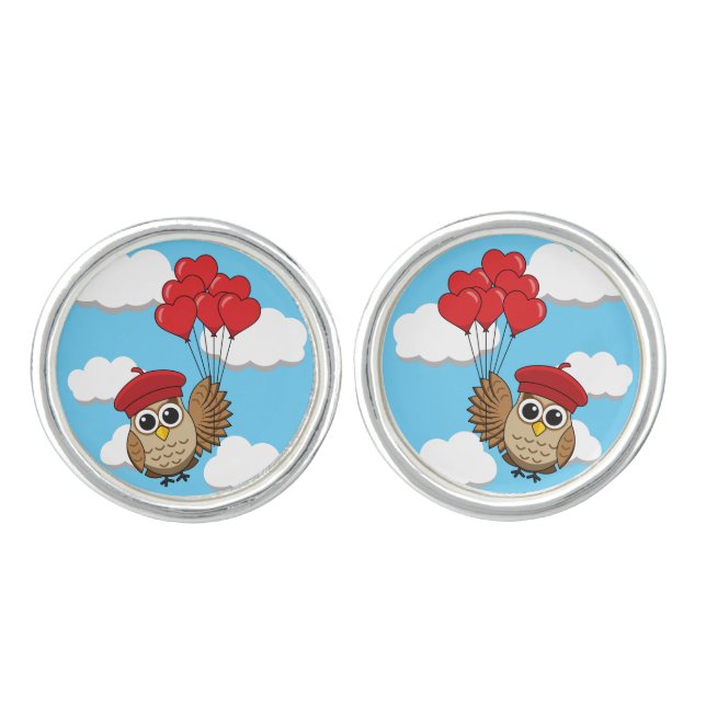 Cute Owl Flying with Heart Balloons Cufflinks (Front)