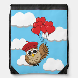 Cute Owl Flying with Heart Balloons Drawstring Bag