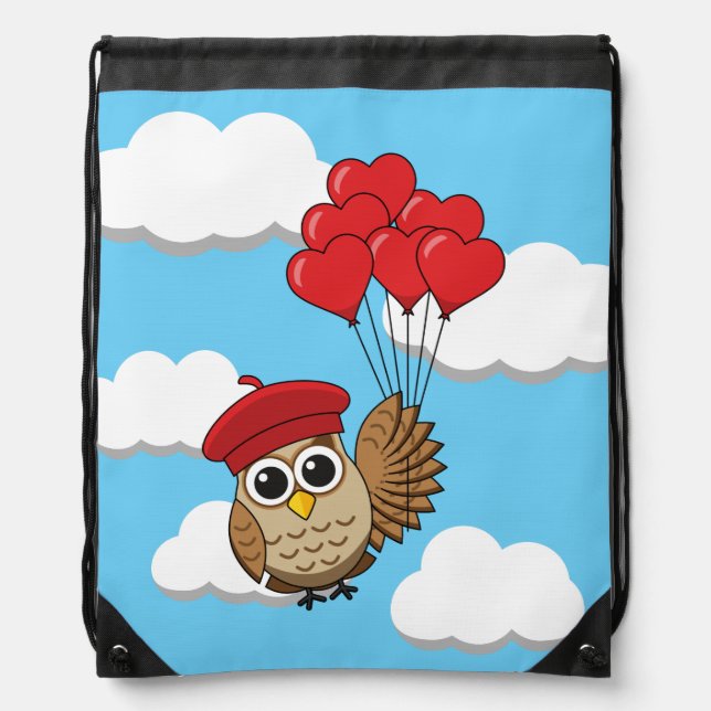 Cute Owl Flying with Heart Balloons Drawstring Bag (Front)