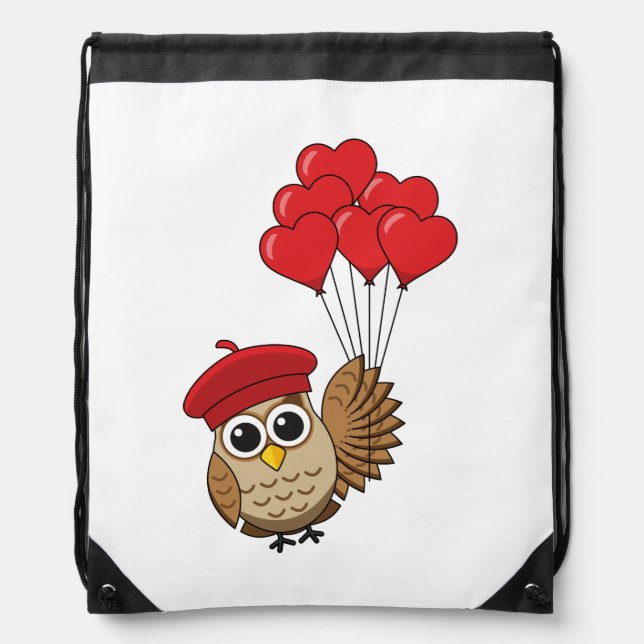 Cute Owl Flying with Heart Balloons Drawstring Bag (Front)