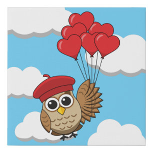 Cute Owl Flying with Heart Balloons Faux Canvas Print