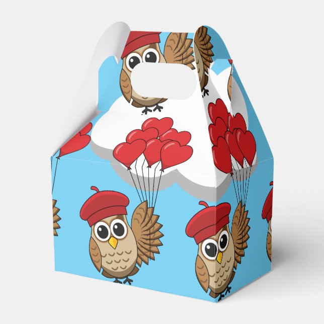 Cute Owl Flying with Heart Balloons Favor Boxes (Front Side)