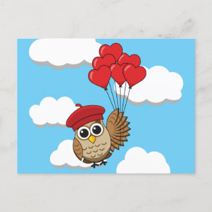Cute Owl Flying with Heart Balloons Holiday Postcard