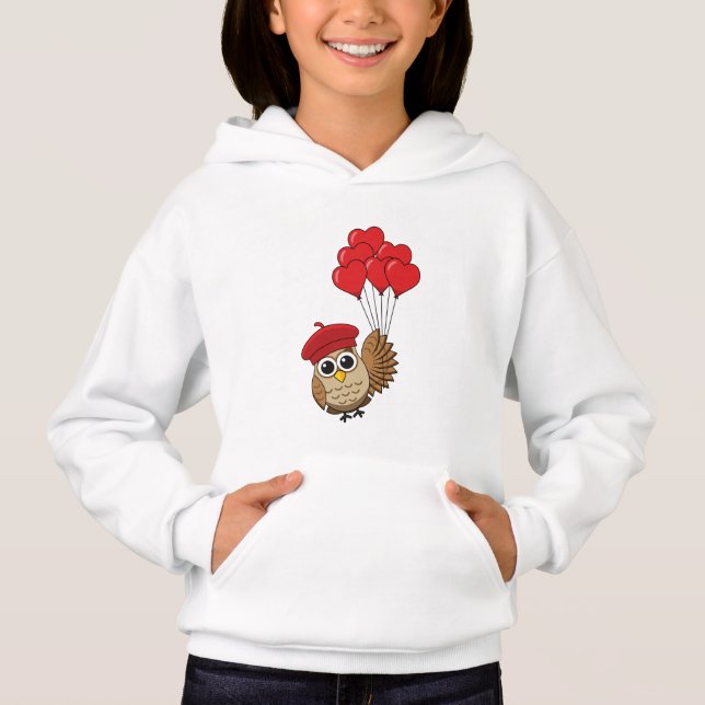 Cute Owl Flying with Heart Balloons Hoodie (Front)