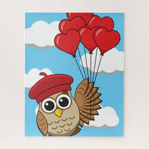 Cute Owl Flying with Heart Balloons Jigsaw Puzzle