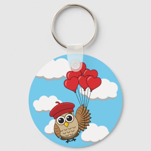 Cute Owl Flying with Heart Balloons Keychain