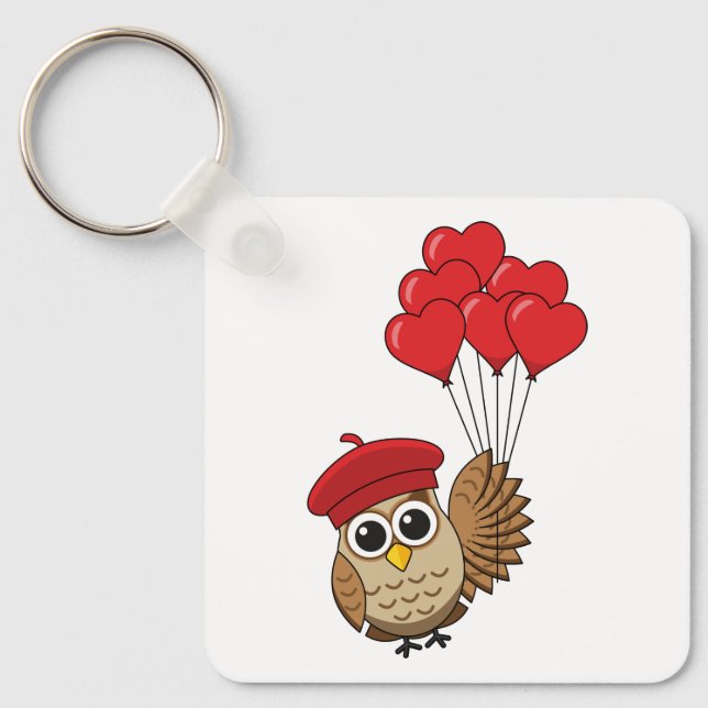 Cute Owl Flying with Heart Balloons Keychain (Front)