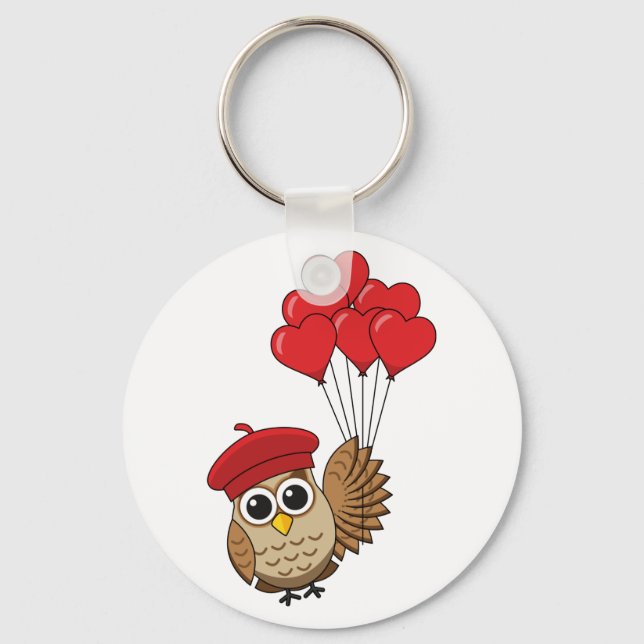 Cute Owl Flying with Heart Balloons Keychain (Front)