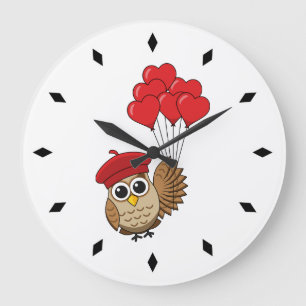 Cute Owl Flying with Heart Balloons Large Clock