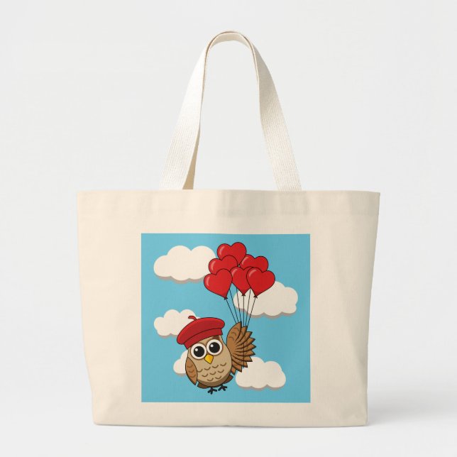 Cute Owl Flying with Heart Balloons Large Tote Bag (Front)