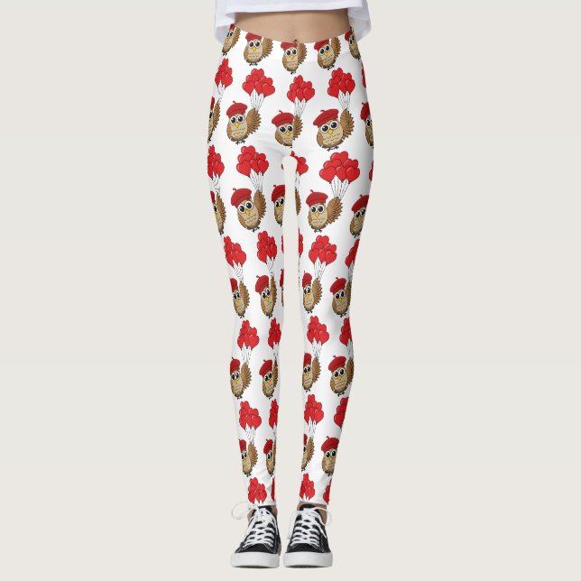 Cute Owl Flying with Heart Balloons Leggings (Front)