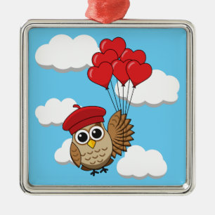 Cute Owl Flying with Heart Balloons Metal Ornament