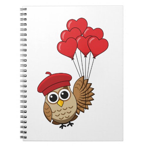 Cute Owl Flying with Heart Balloons Notebook