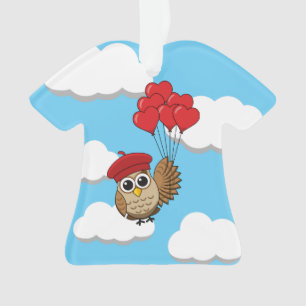 Cute Owl Flying with Heart Balloons Ornament