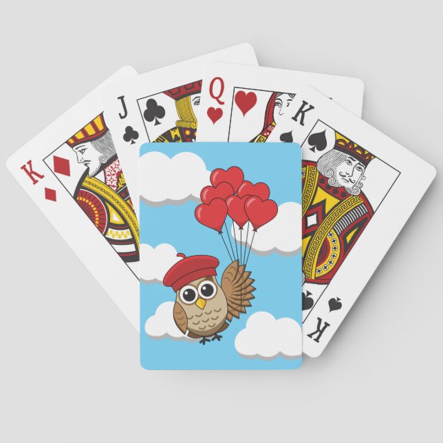 Cute Owl Flying with Heart Balloons Poker Cards (Back)