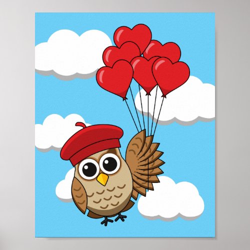 Cute Owl Flying with Heart Balloons Poster