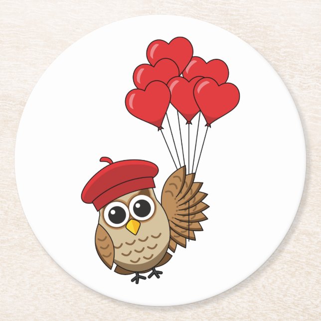 Cute Owl Flying with Heart Balloons Round Paper Co Coaster (Front)