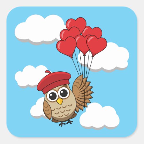 Cute Owl Flying with Heart Balloons Square Sticker