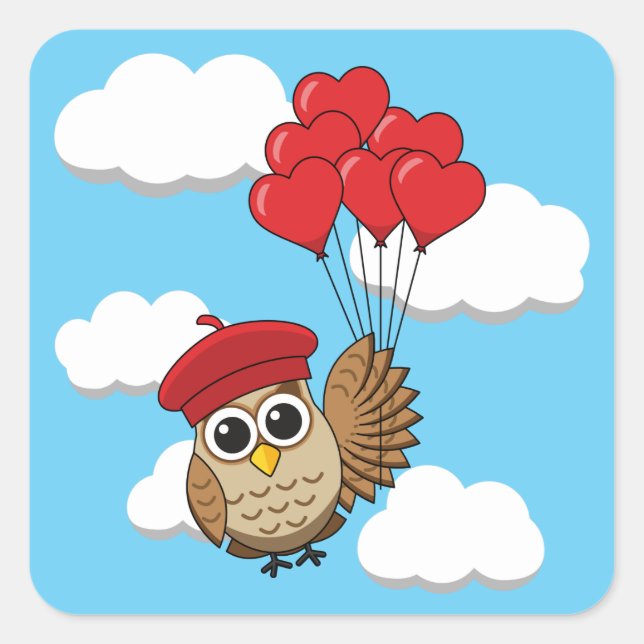Cute Owl Flying with Heart Balloons Square Sticker (Front)