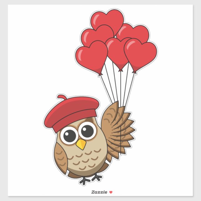 Cute Owl Flying with Heart Balloons Sticker (Sheet)