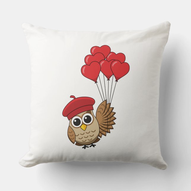 Cute Owl Flying with Heart Balloons Throw Pillow (Front)