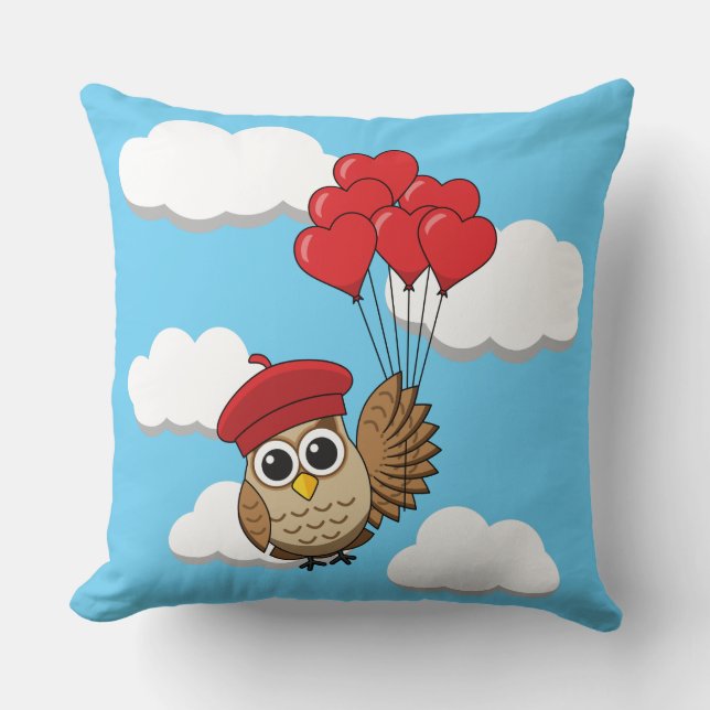 Cute Owl Flying with Heart Balloons Throw Pillow (Front)