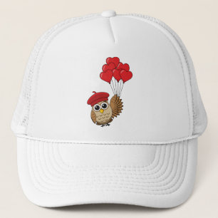 Cute Owl Flying with Heart Balloons Trucker Hat