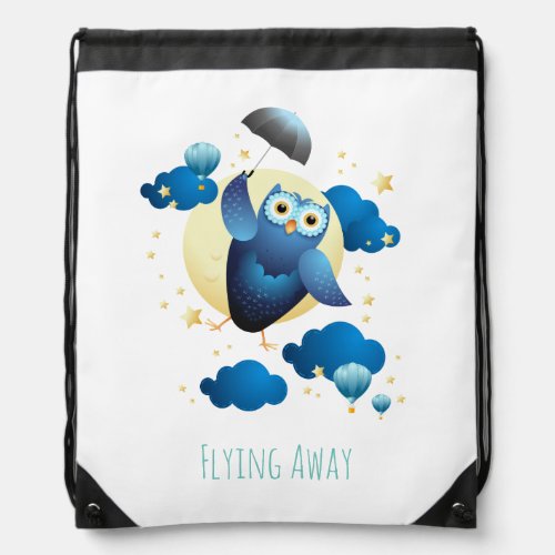 Cute Owl Flying with Umbrella  Drawstring Bag