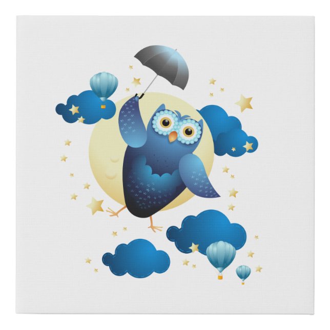 Cute Owl Flying with Umbrella Faux Canvas Print (Front)