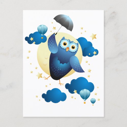 Cute Owl Flying with Umbrella  Postcard