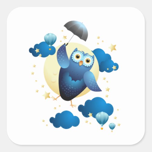 Cute Owl Flying with Umbrella Square Sticker