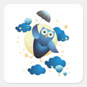 Cute Owl Flying with Umbrella Square Sticker