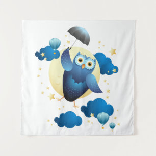 Cute Owl Flying with Umbrella Tapestry