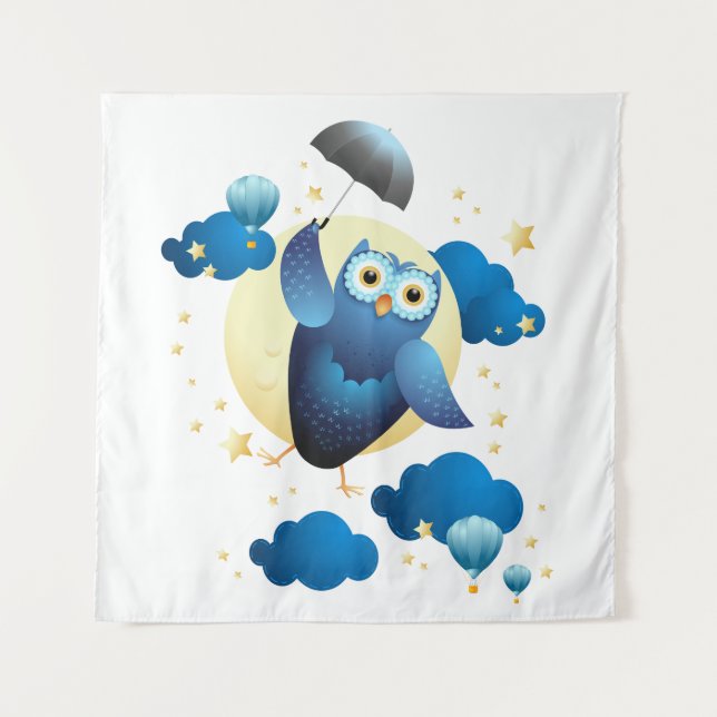 Cute Owl Flying with Umbrella  Tapestry (Front)