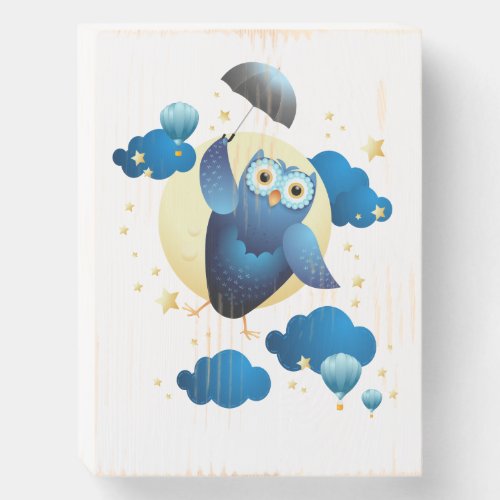 Cute Owl Flying with Umbrella Wooden Box Sign