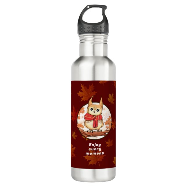 Cute Owl Forest Graphic with maple leafs Stainless Steel Water Bottle (Front)