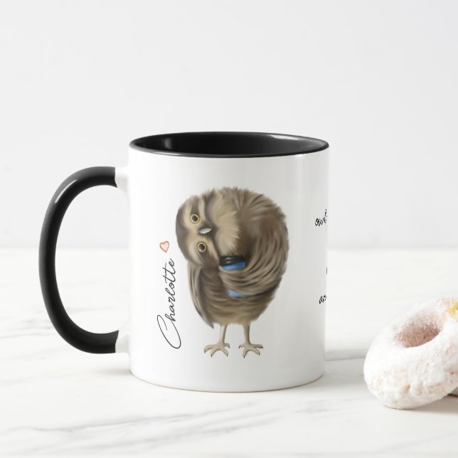 Cute Owl Funny Love Script Personalized Name Mug (With Donut)