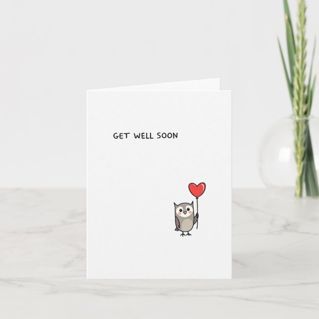 Cute Owl Get Well Soon Card with Heart Balloon (Front)
