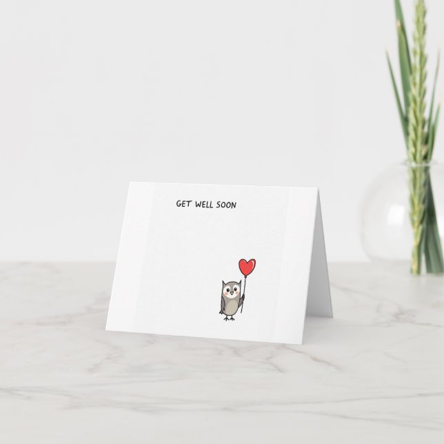 Cute Owl Get Well Soon Card with Heart Balloon (Front)