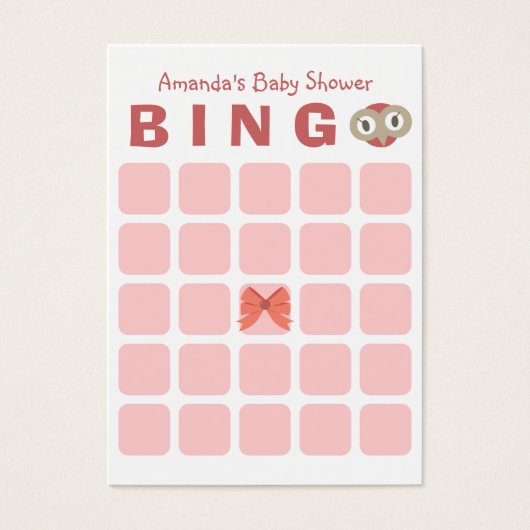 Cute Owl Girl 5x5 Baby Shower Bingo Card (Front)