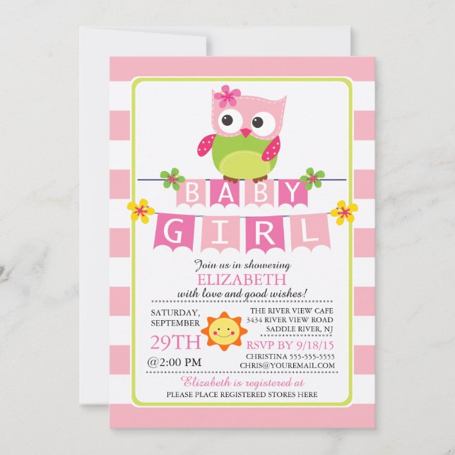 Cute Owl Girl Baby Shower Invitation (Front)