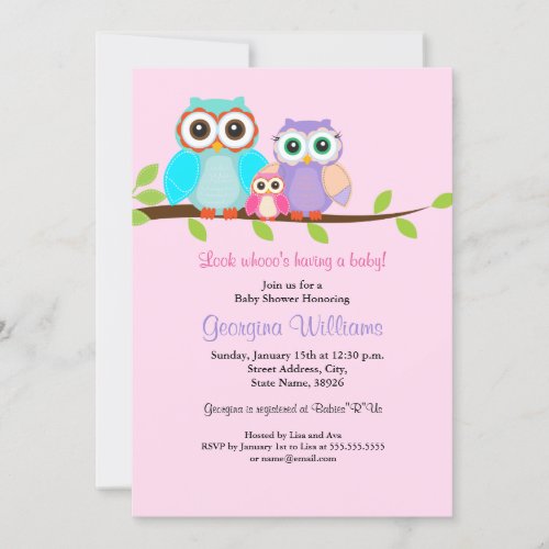 Cute Owl Girl Baby Shower Invitation Pink